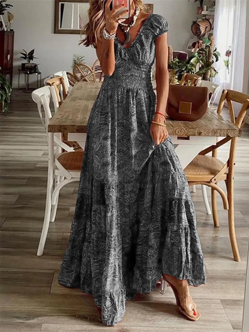 Full Size Smocked Printed V-Neck Short Sleeve Dress - minbolu -