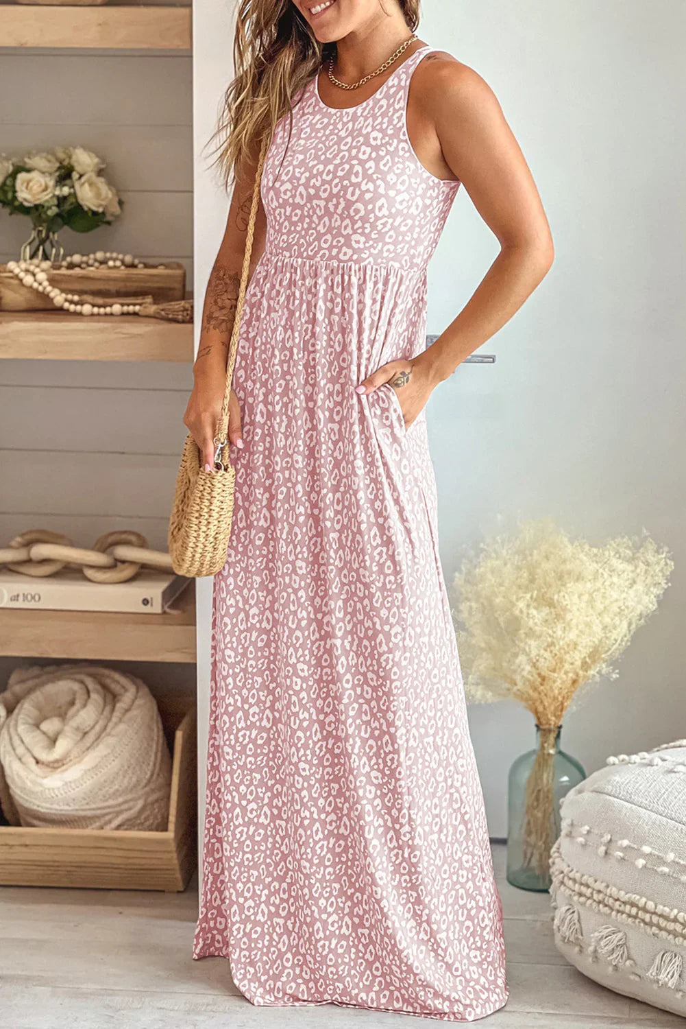 Pink Sleeveless Floor Length Leopard Print Dress with Pockets - minbolu -