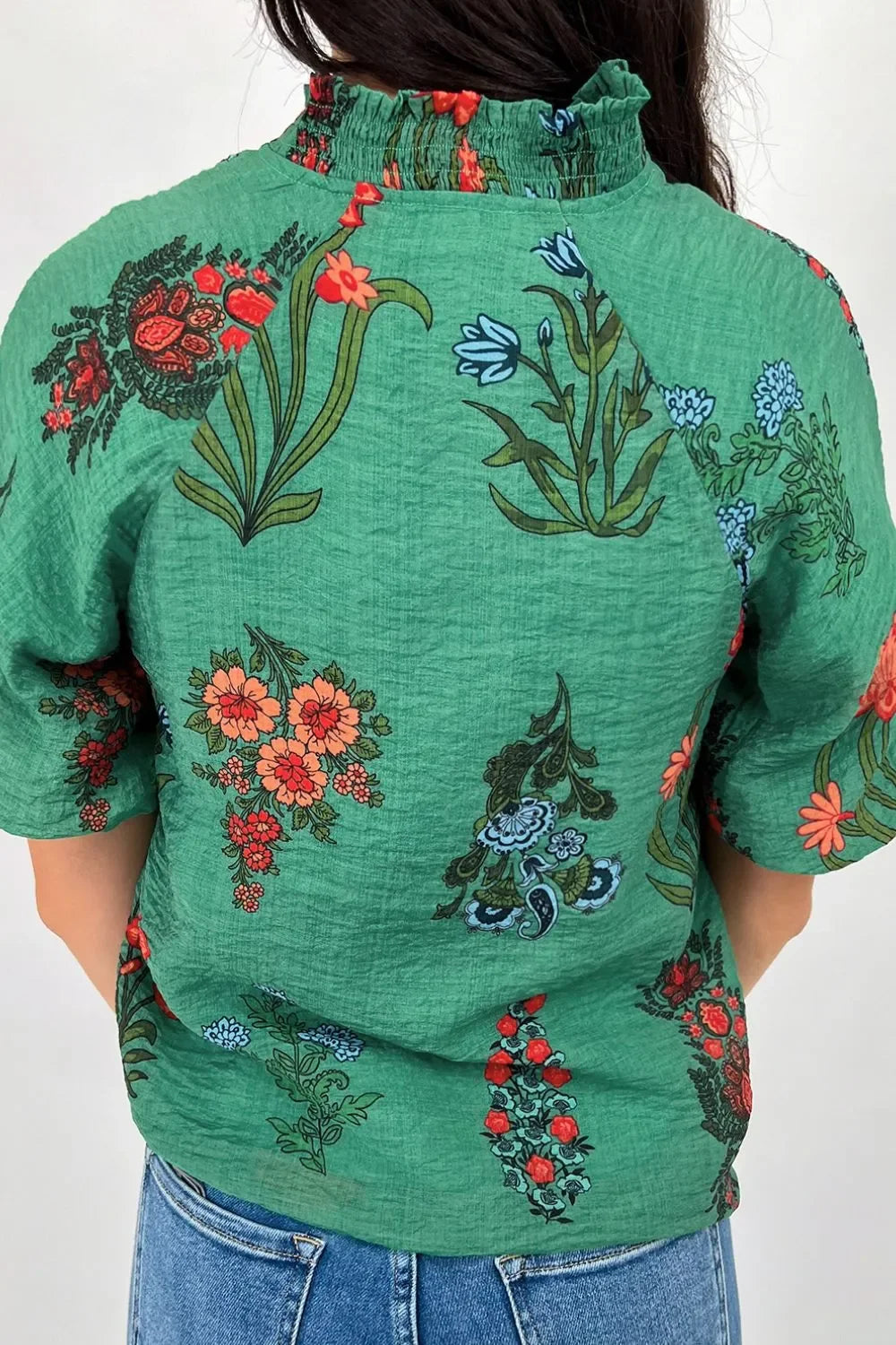 Floral Print Notched Short Sleeve Blouse - minbolu -