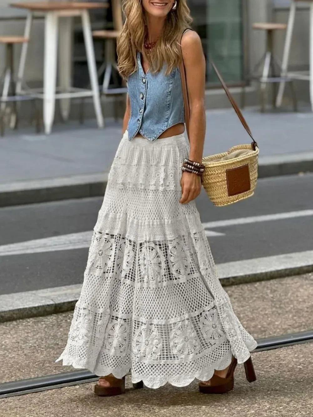 Openwork Crochet Maxi Skirt - minbolu -