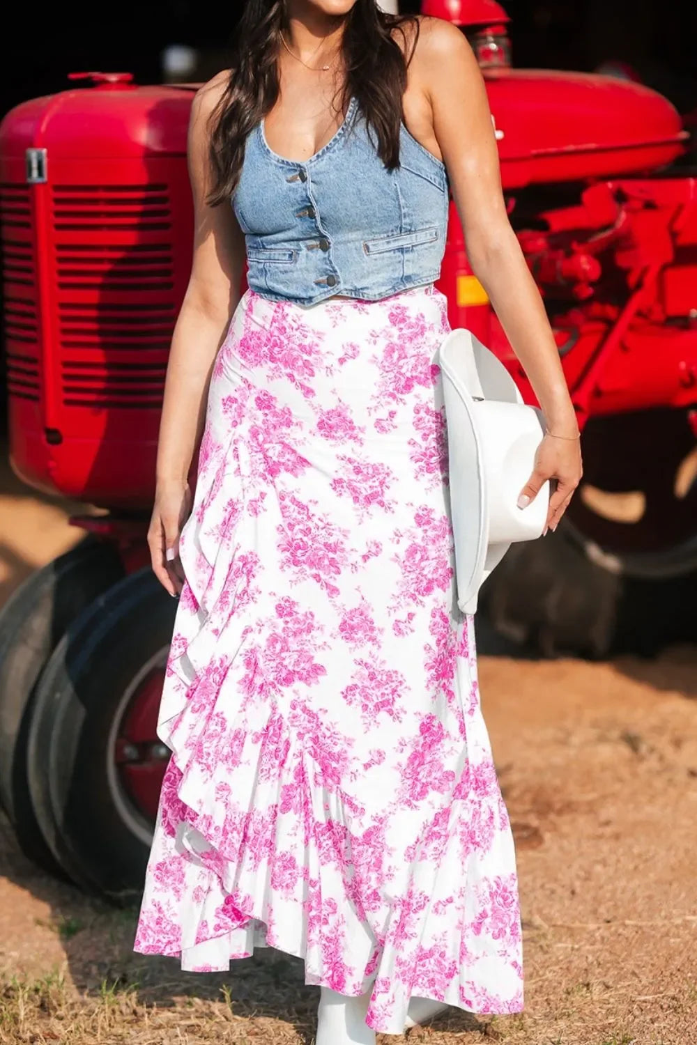 Boho Floral High Waist Ruffle Split Maxi Skirt - minbolu -