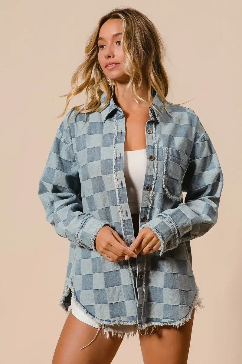 BiBi Frayed Edged Detail Washed Checker Denim Shirt - minbolu -