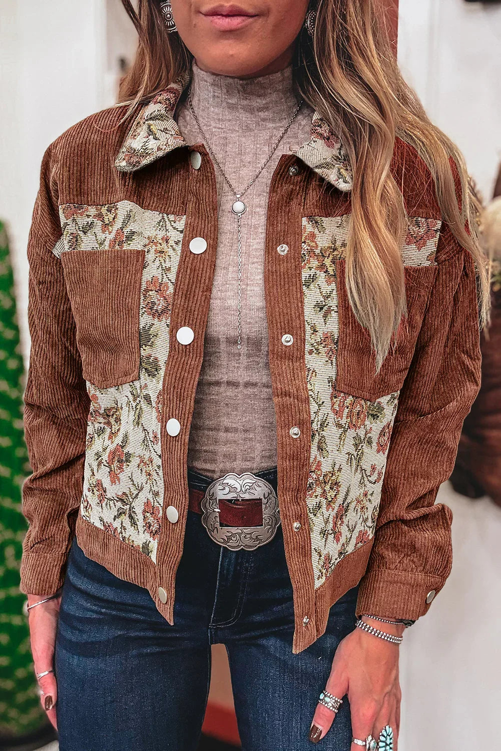 Clay Ribbed Retro Floral Patchwork Jacket - minbolu -