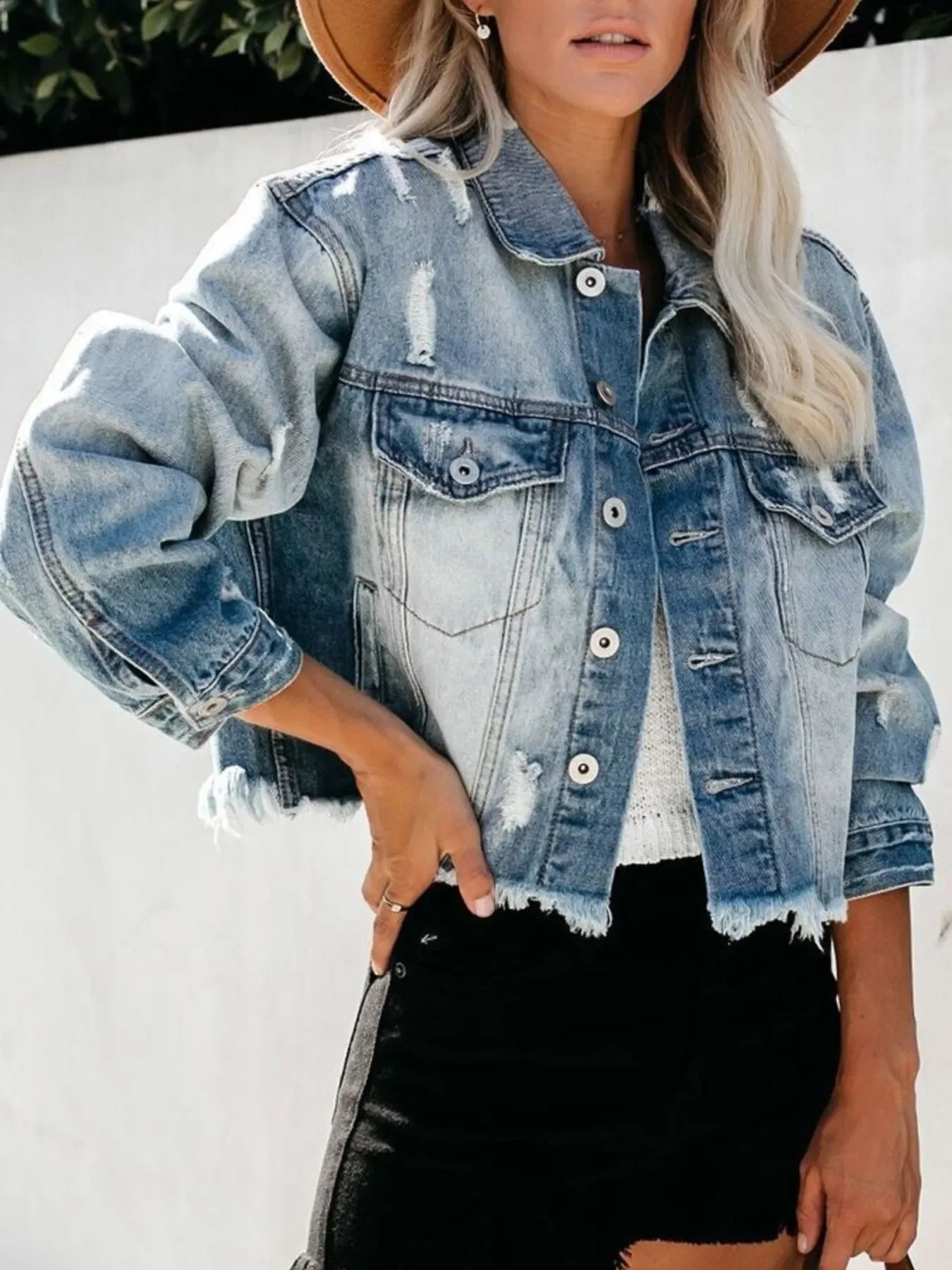 Distressed Raw Hem Denim Jacket - minbolu -
