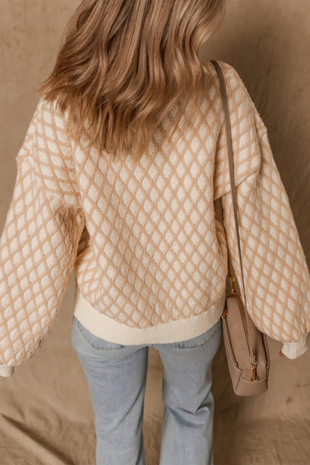 Smoke Gray Checkered Textured Knit Mock Neck Sweater - minbolu -
