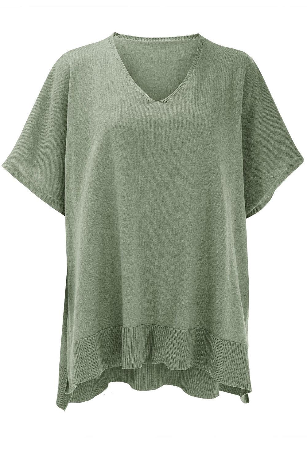 Slit V-Neck Half Sleeve Knit Top - minbolu -