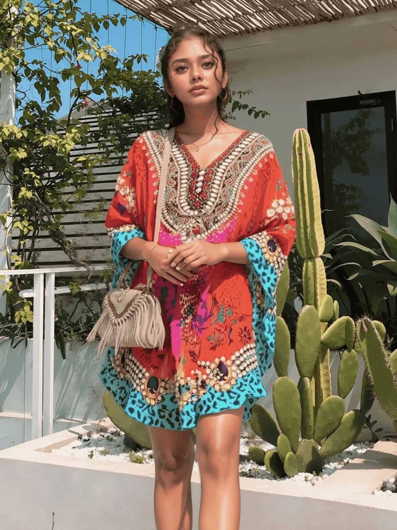 Floral Print V-Neck Cover Up - minbolu -