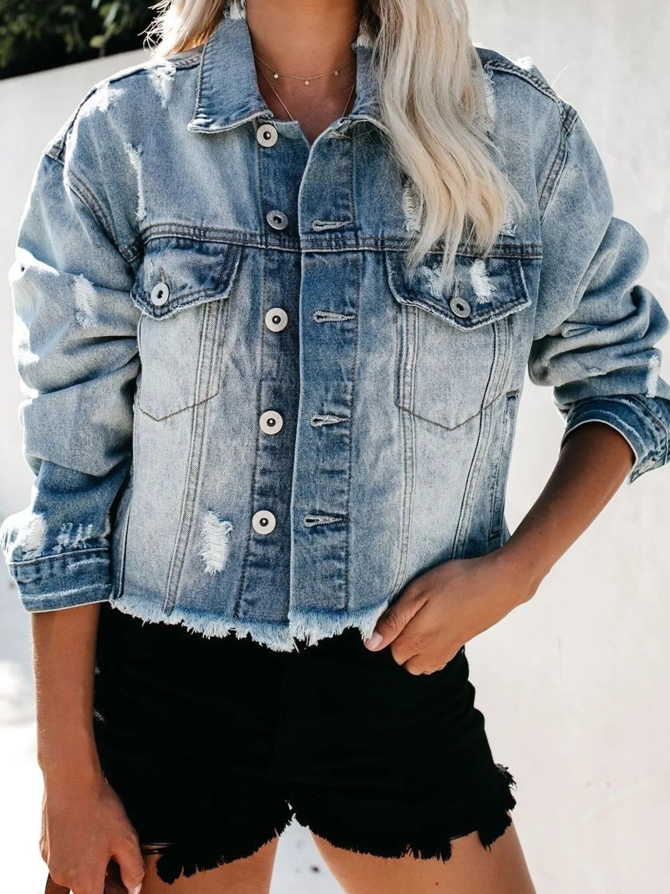 Distressed Raw Hem Denim Jacket - minbolu -