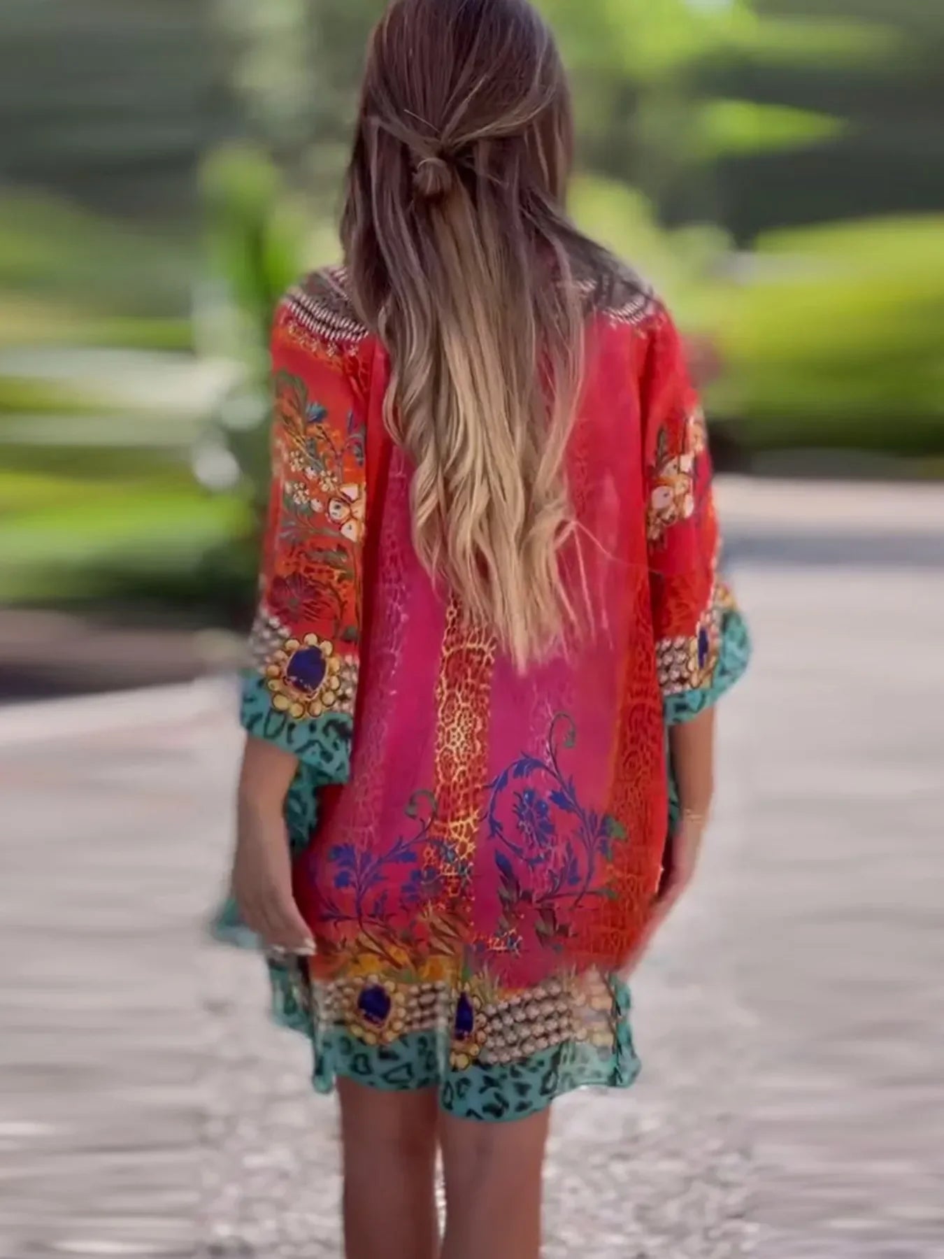 Floral Print V-Neck Cover Up - minbolu -