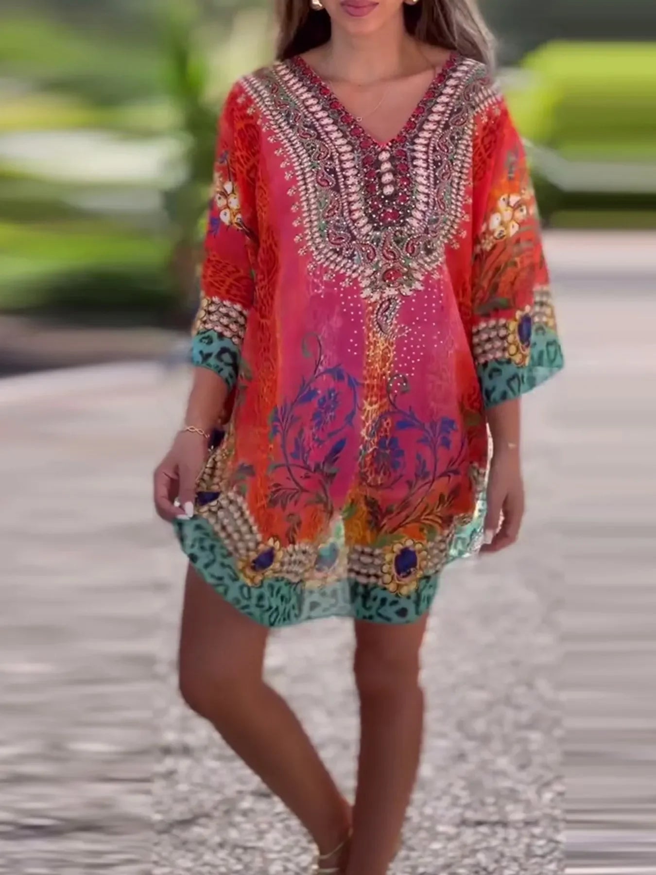 Floral Print V-Neck Cover Up - minbolu -