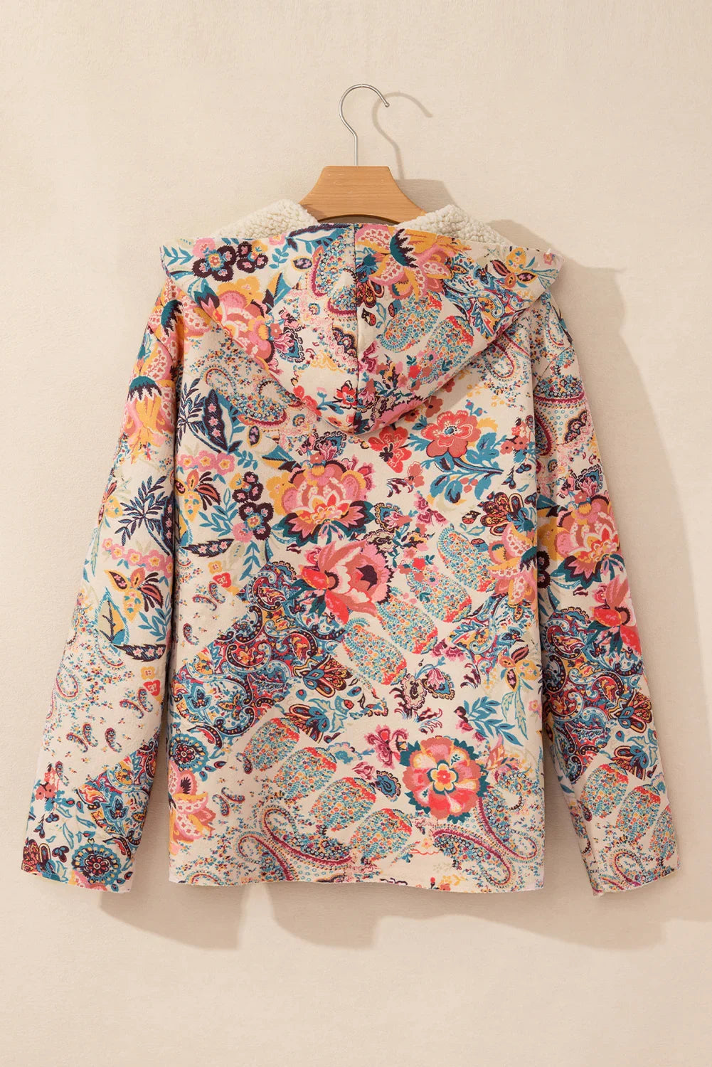 Beige Vintage Paisley Floral Printed Sherpa Lined Hooded Jacket - minbolu -