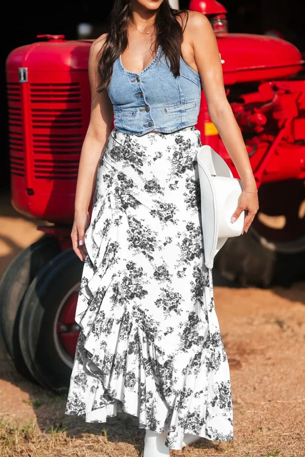 Boho Floral High Waist Ruffle Split Maxi Skirt - minbolu -