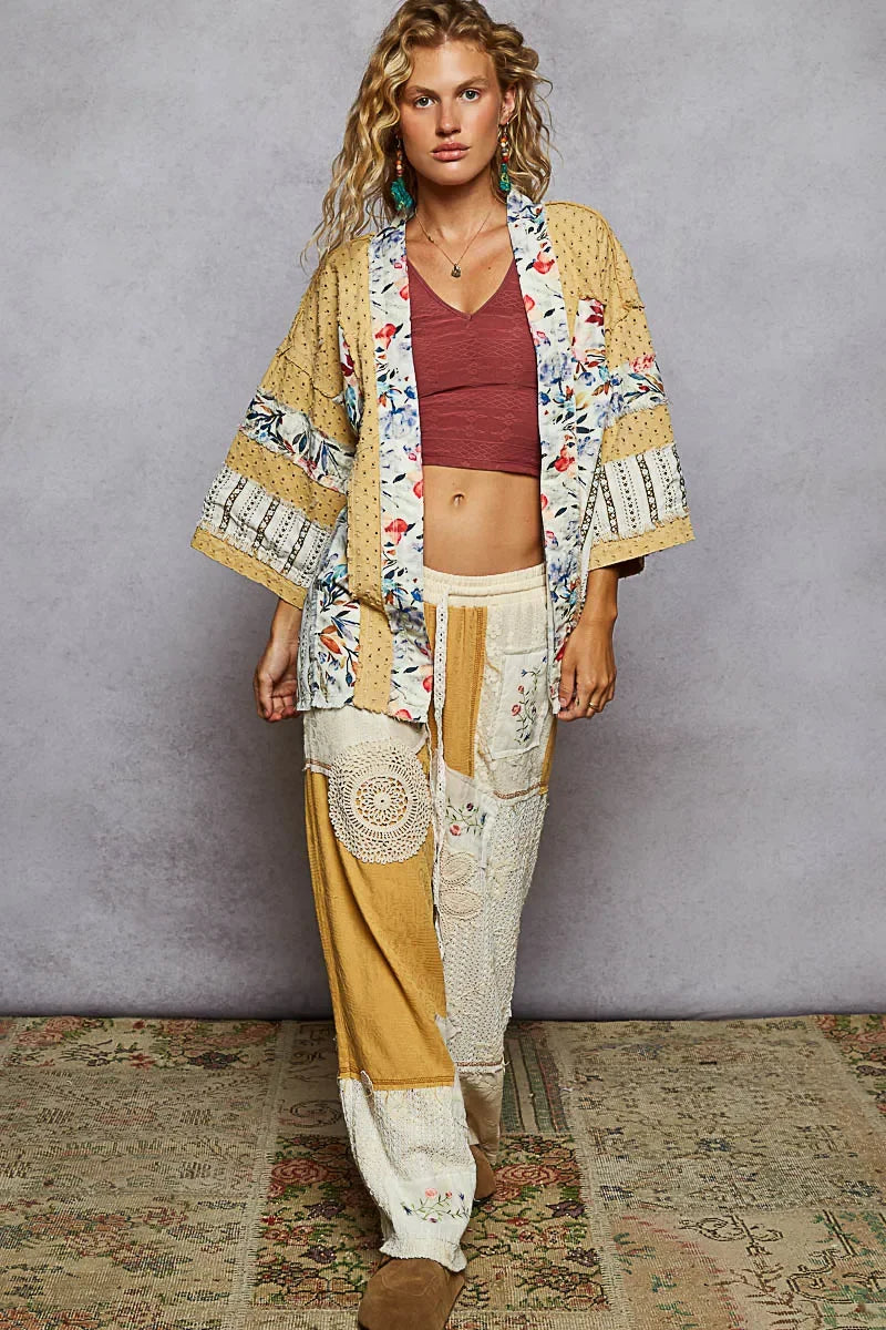 POL Raw Edge Open Front Patchwork Cardigan with Floral Trim - minbolu -