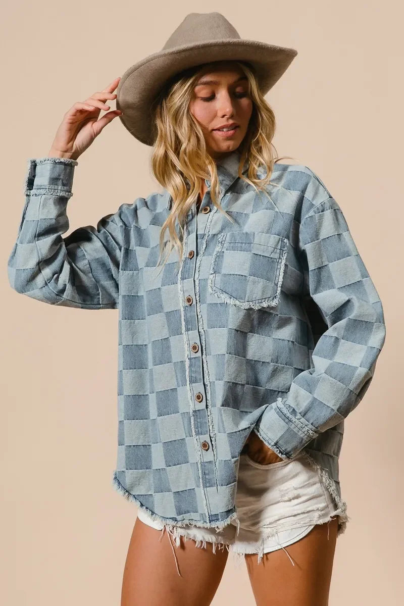 BiBi Frayed Edged Detail Washed Checker Denim Shirt - minbolu -
