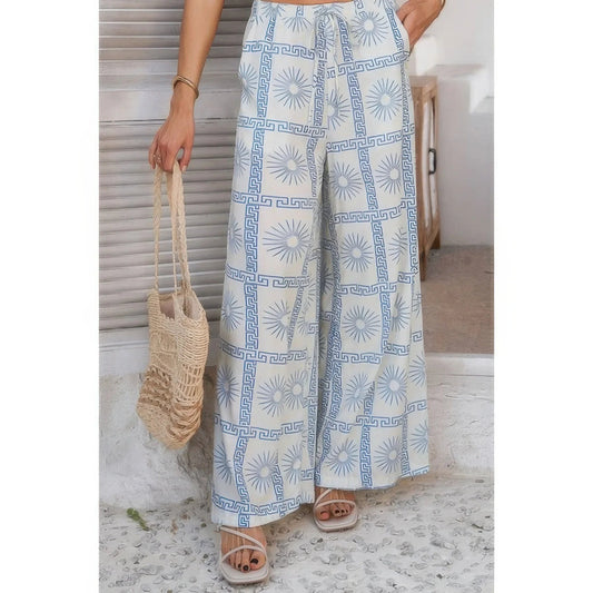 Allover Print Drawstring Pockets Wide Leg Pants: Light Blue - minbolu -