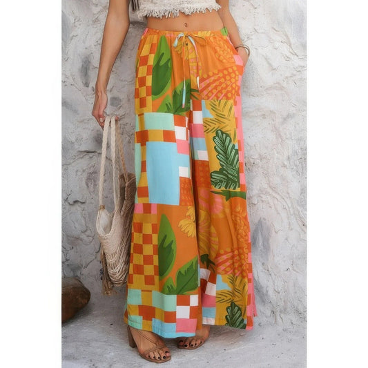 Allover Print Drawstring Pockets Wide Leg Pants: Orange - minbolu -