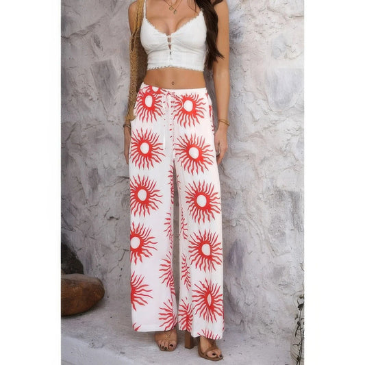 Allover Print Drawstring Pockets Wide Leg Pants: White/Red - minbolu -