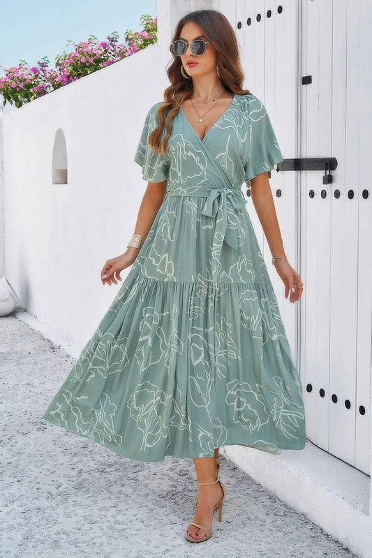 Allover Print V Neck Fit Belt A Line Long Dress - minbolu -
