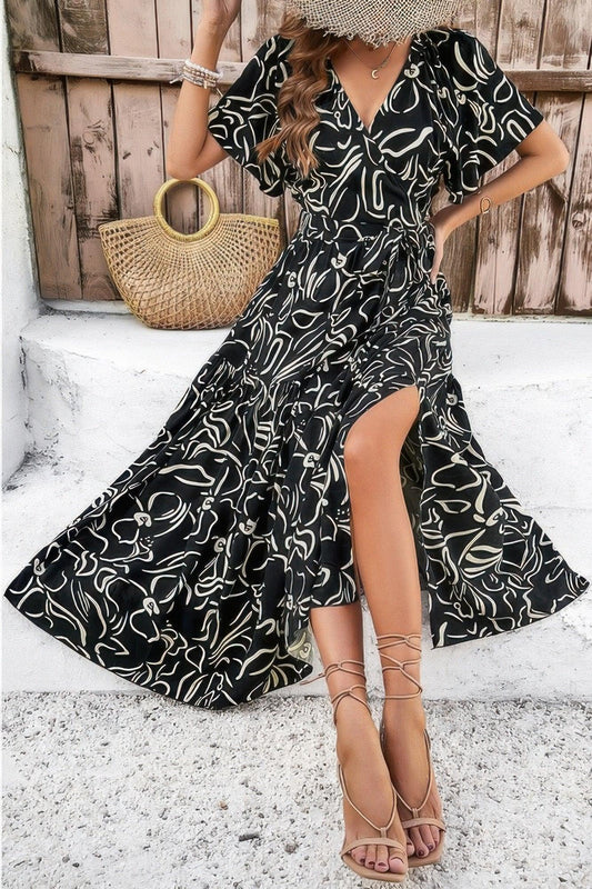 Allover Print V Neck Fit Belt A Line Long Dress: Black - minbolu -