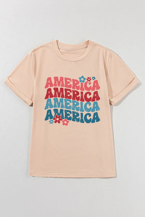 AMERICA Round Neck Short Sleeve T-Shirt - minbolu -