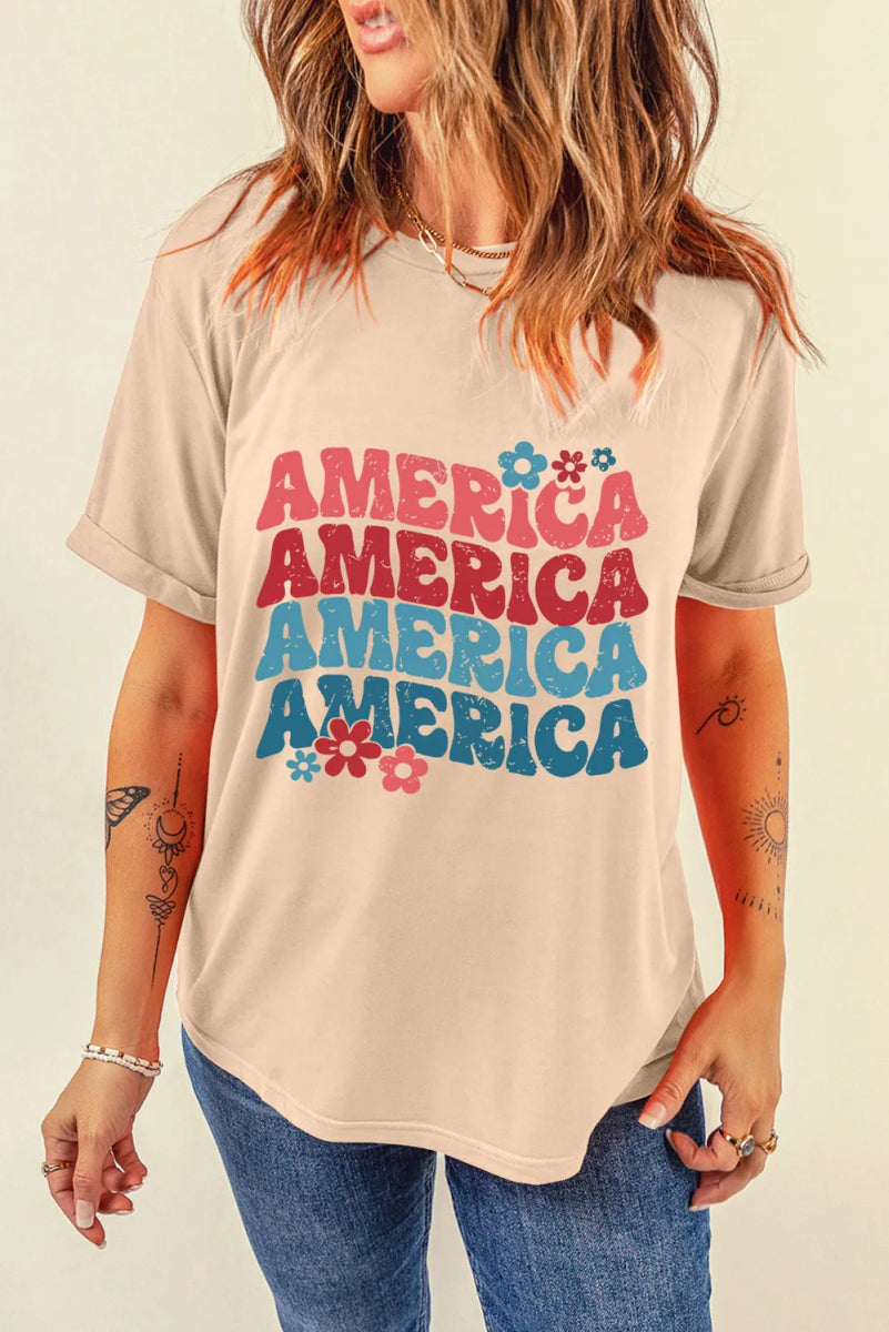 AMERICA Round Neck Short Sleeve T-Shirt - minbolu -