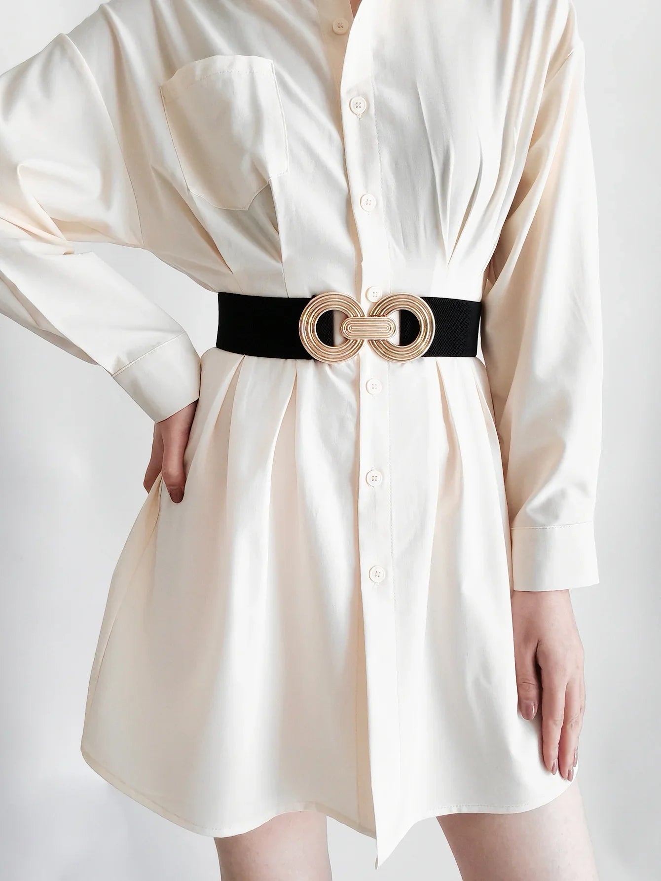 Geometric Buckle Wide Belt - Trendy Elastic Accessory - minbolu -