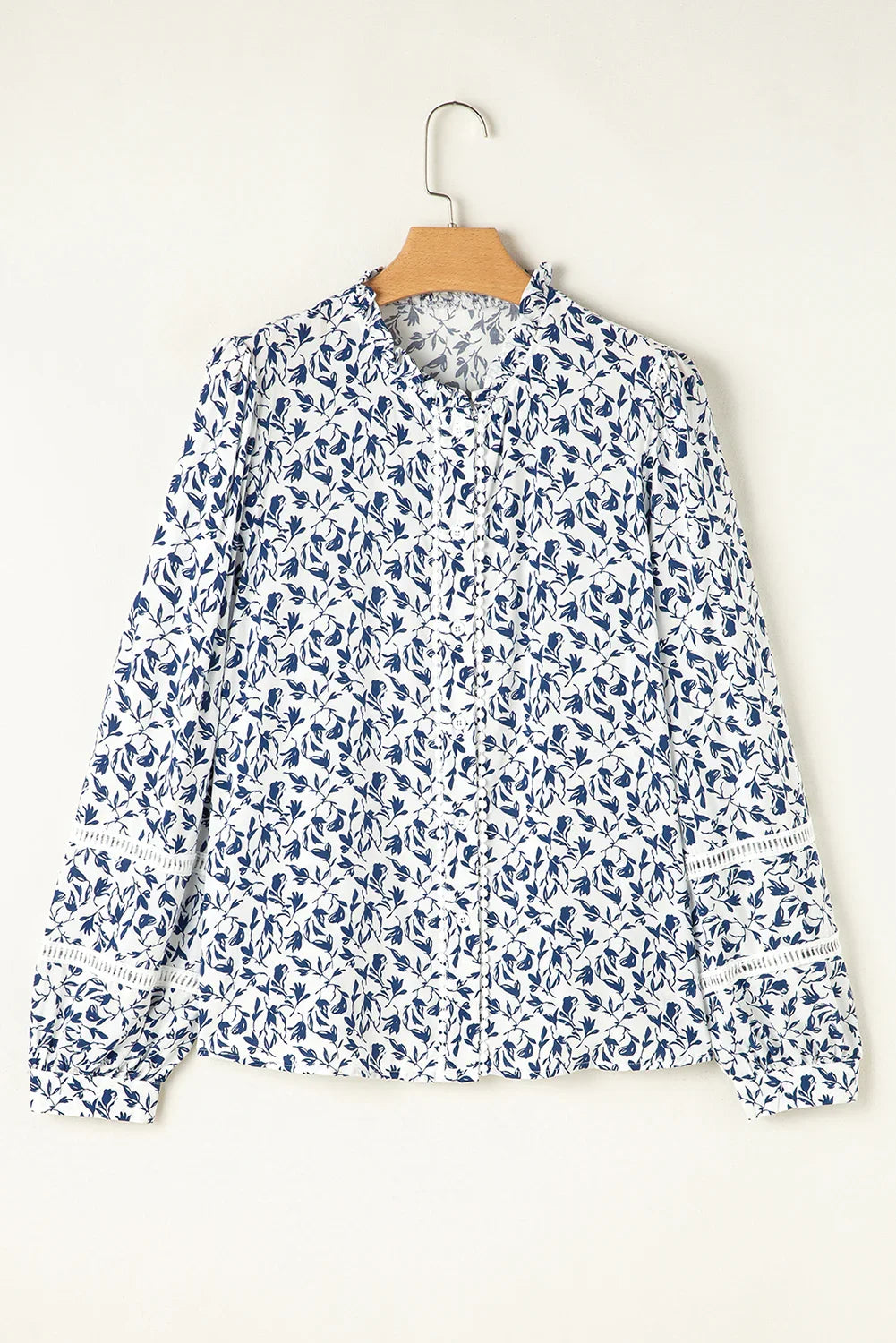 Blue Floral Print Lace Detail Puff Sleeve Shirt - minbolu -