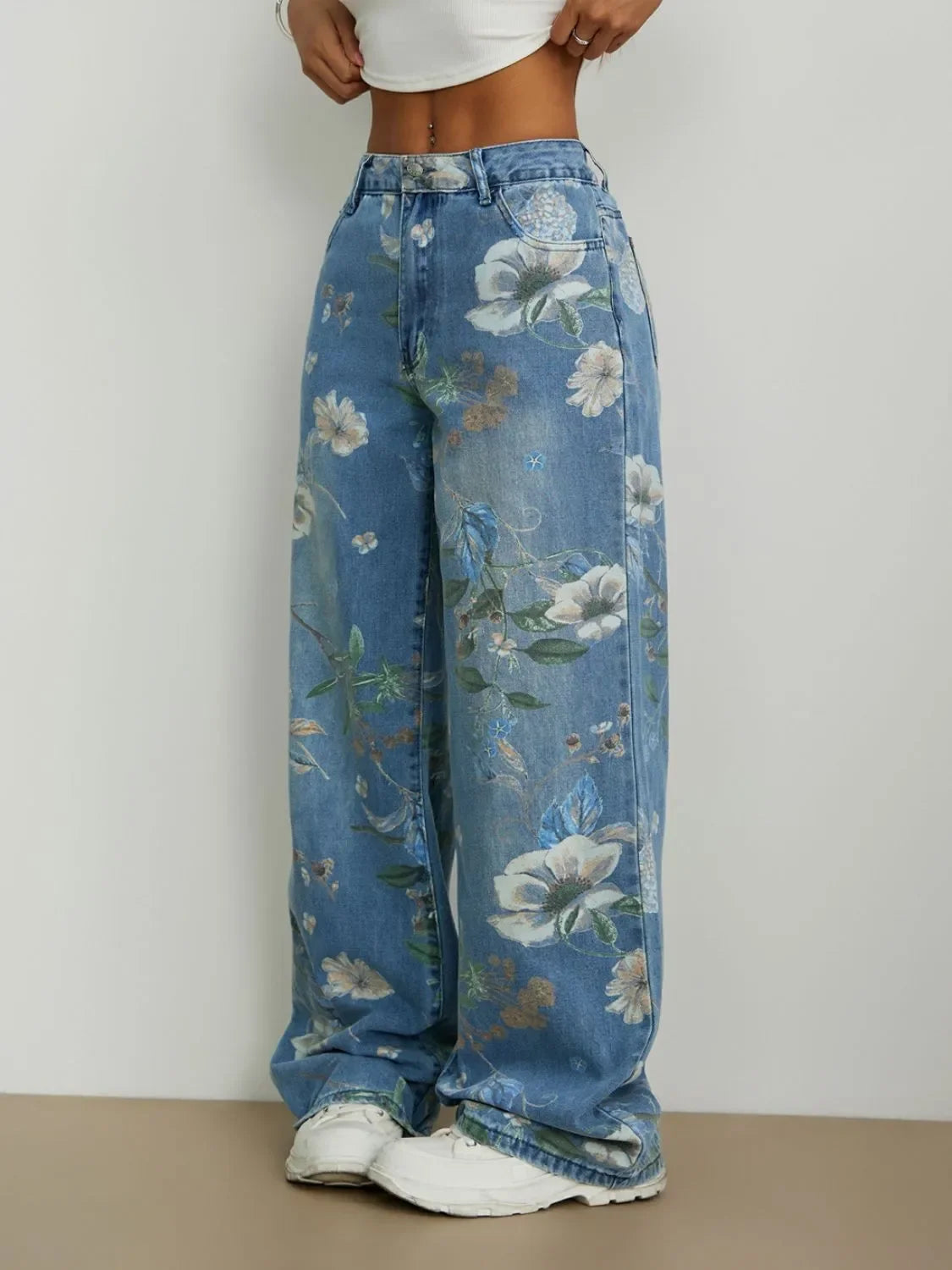 Printed Wide Leg Jeans - minbolu -