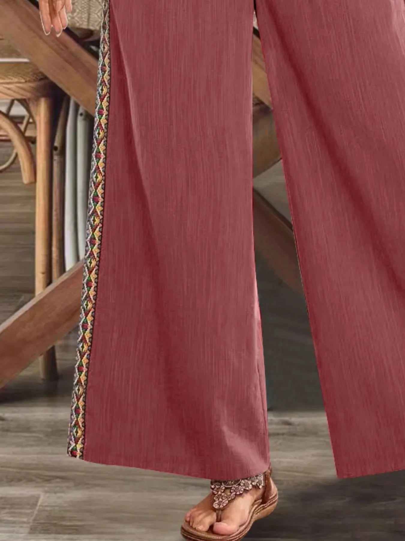 Bohemian Wide Leg Embroidered Side Stripe Pants - minbolu -