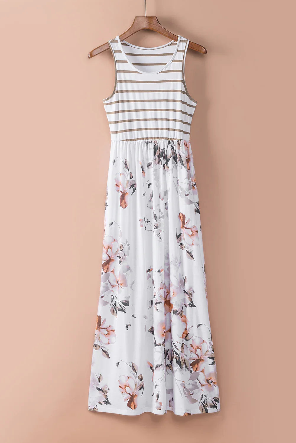 White Boho Stripes & Floral Print Floor Length Tank Dress - minbolu -