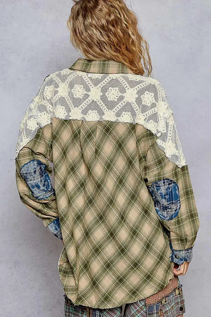 POL Lace Patchwork Plaid Oversized Shirt - minbolu -
