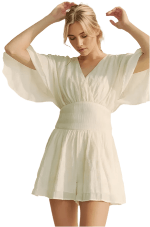 White Romper - Batwing Sleeve Waist Belt Romper | Boho Chic - minbolu -