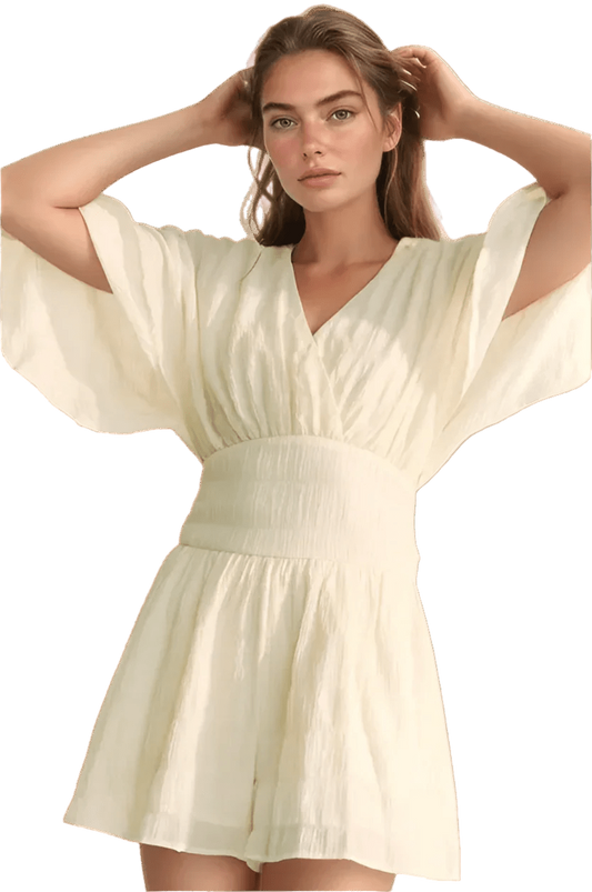 White Romper - Batwing Sleeve Waist Belt Romper | Boho Chic - minbolu -