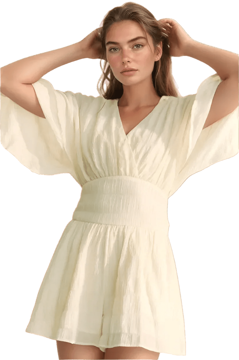 White Romper - Batwing Sleeve Waist Belt Romper | Boho Chic - minbolu -