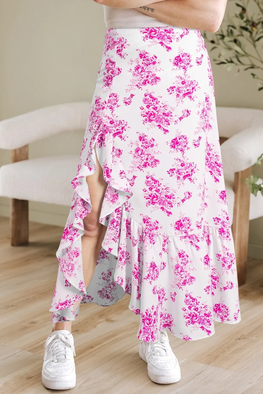 Boho Floral High Waist Ruffle Split Maxi Skirt - minbolu -