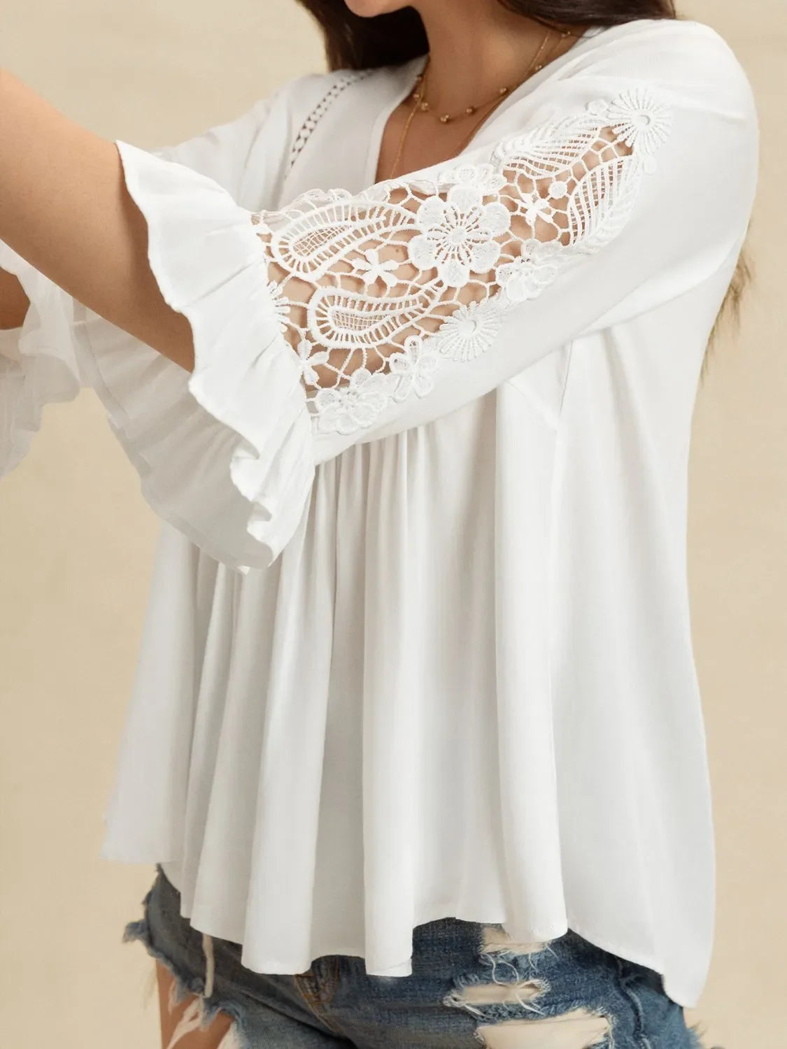 V-Neck Lace Flounce Sleeve Top - minbolu -