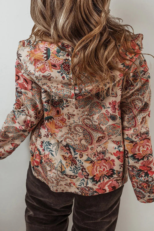 Beige Vintage Paisley Floral Printed Sherpa Lined Hooded Jacket - minbolu -