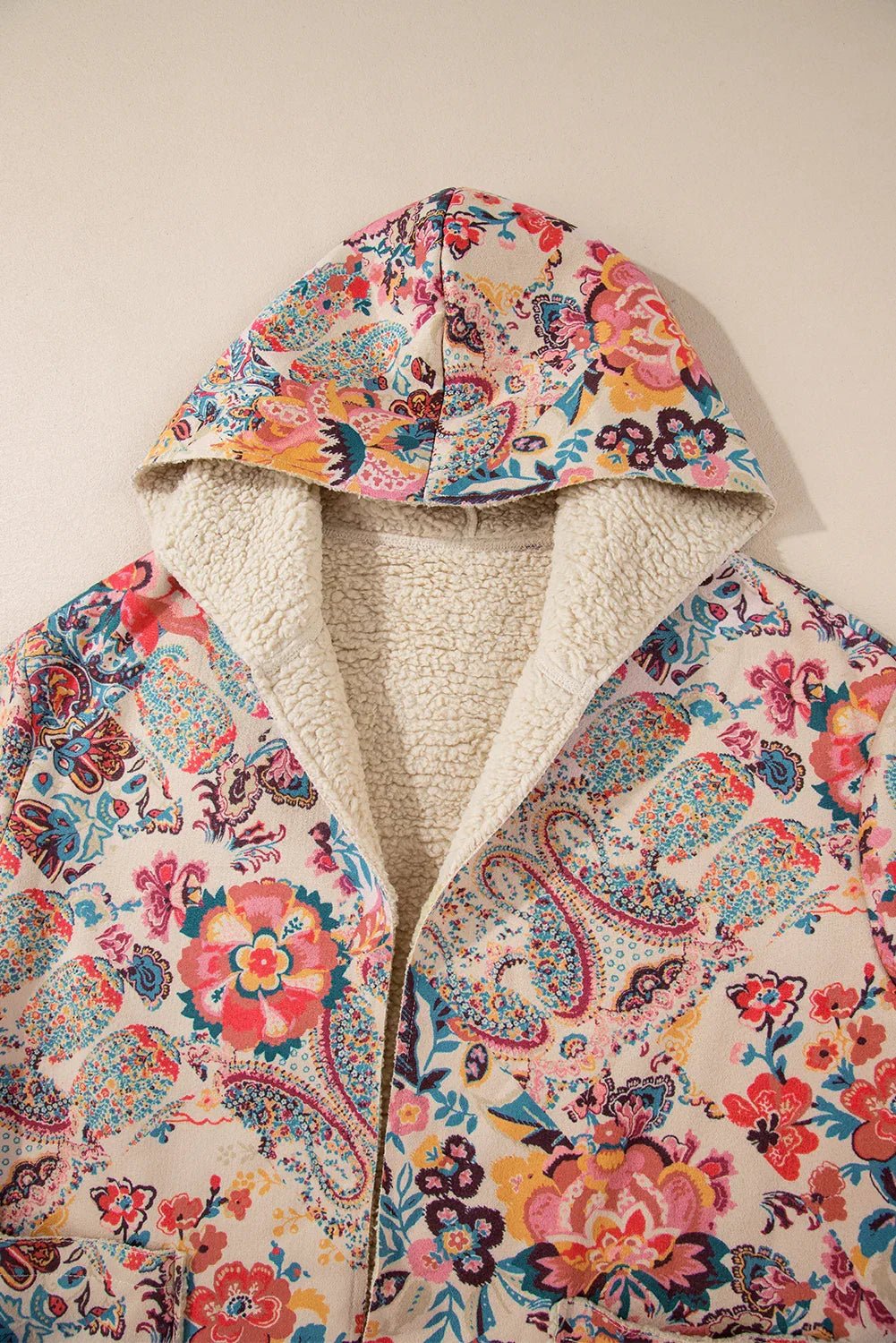 Beige Vintage Paisley Floral Printed Sherpa Lined Hooded Jacket - minbolu