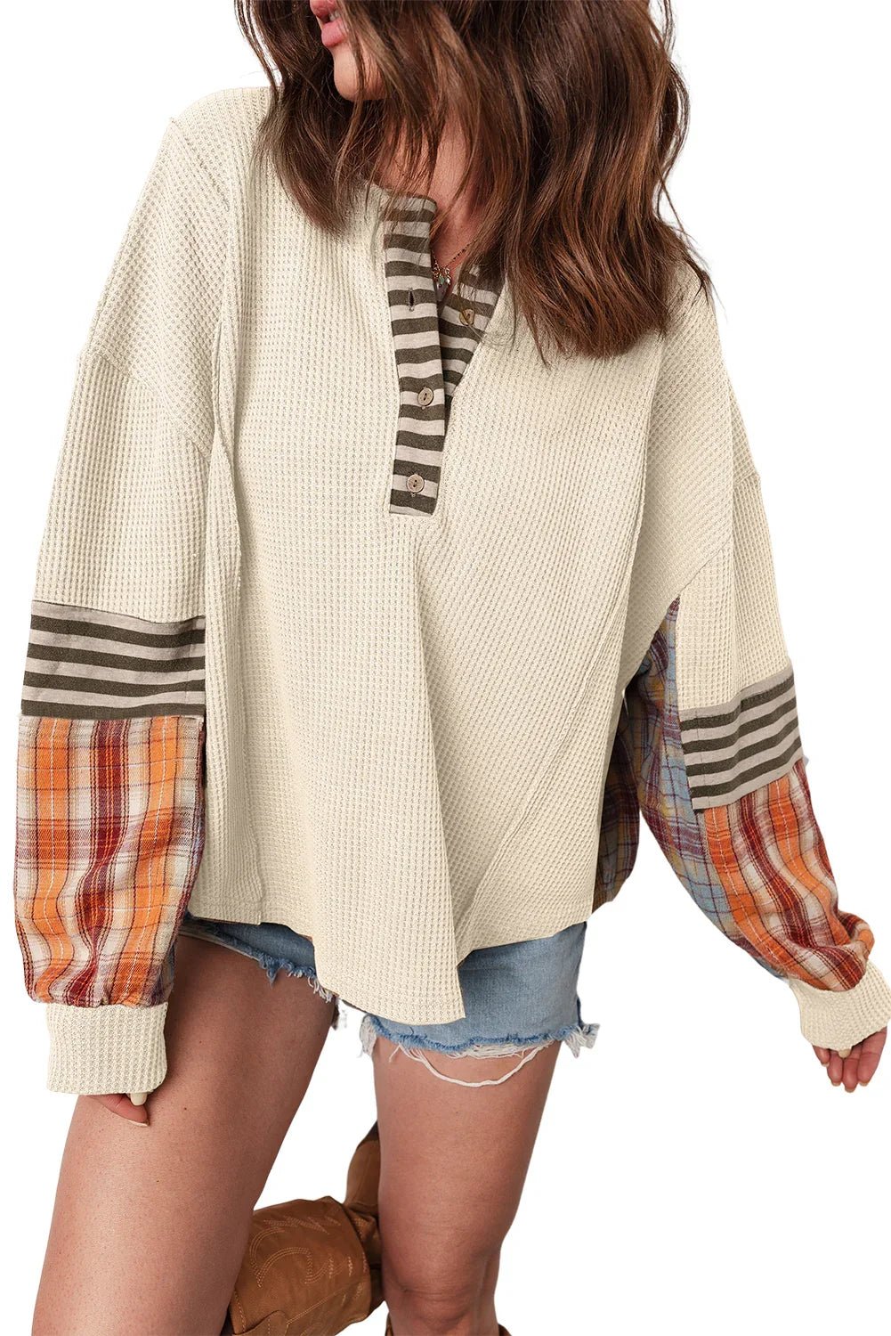 Beige Waffle Patchwork Henley Top – Cozy & Chic - minbolu