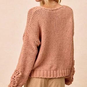 BiBi Chunky Knit Sweater with Flower Detail Sleeves - minbolu -
