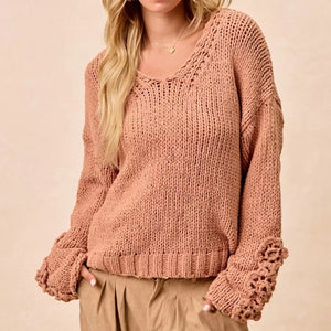 BiBi Chunky Knit Sweater with Flower Detail Sleeves - minbolu -