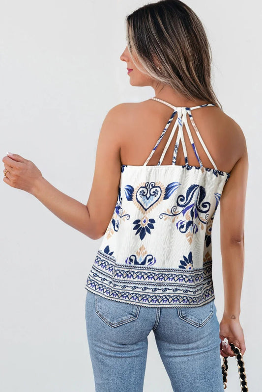 Blue Bohemian Print Spaghetti Strap Camisole - Loose Fit Tank Top - minbolu -