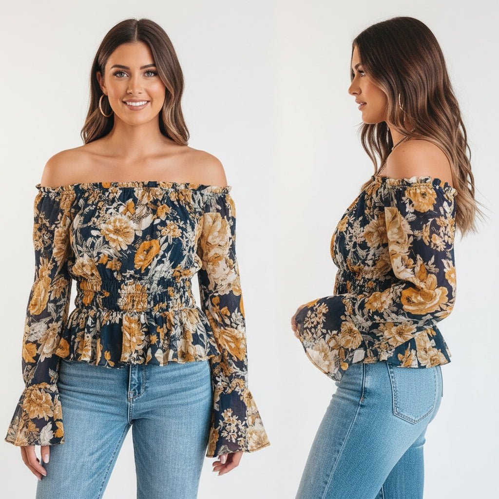 Woman wearing a floral off-shoulder top and blue jeans on a white background