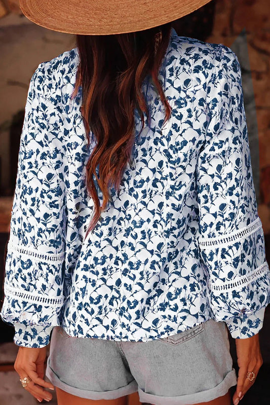 Blue Floral Print Lace Detail Puff Sleeve Shirt - minbolu -