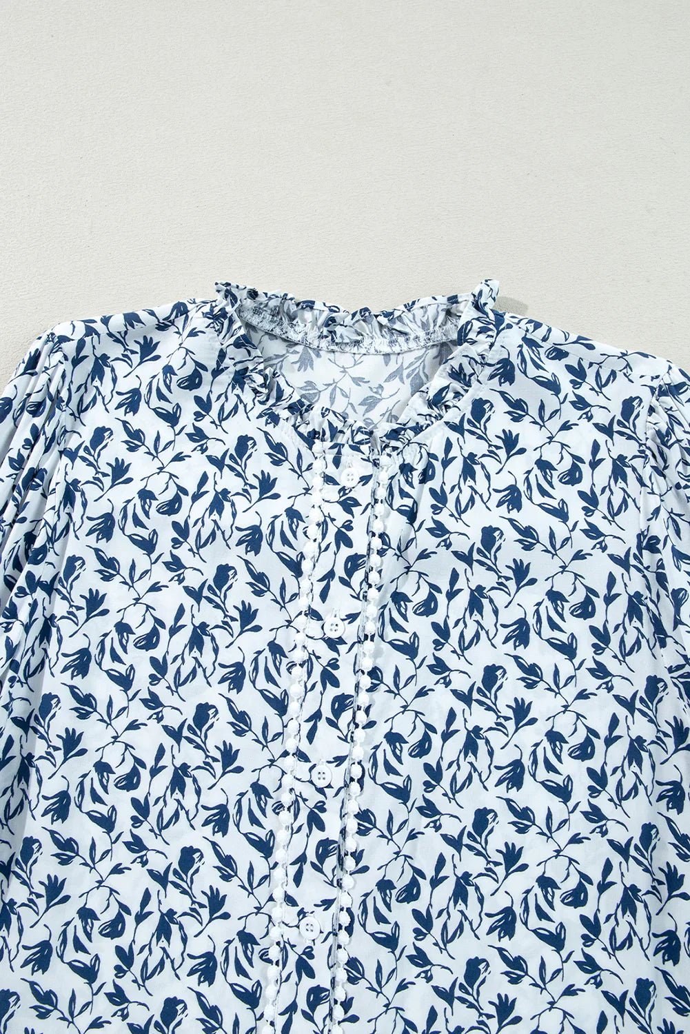 Blue Floral Print Lace Detail Puff Sleeve Shirt - minbolu