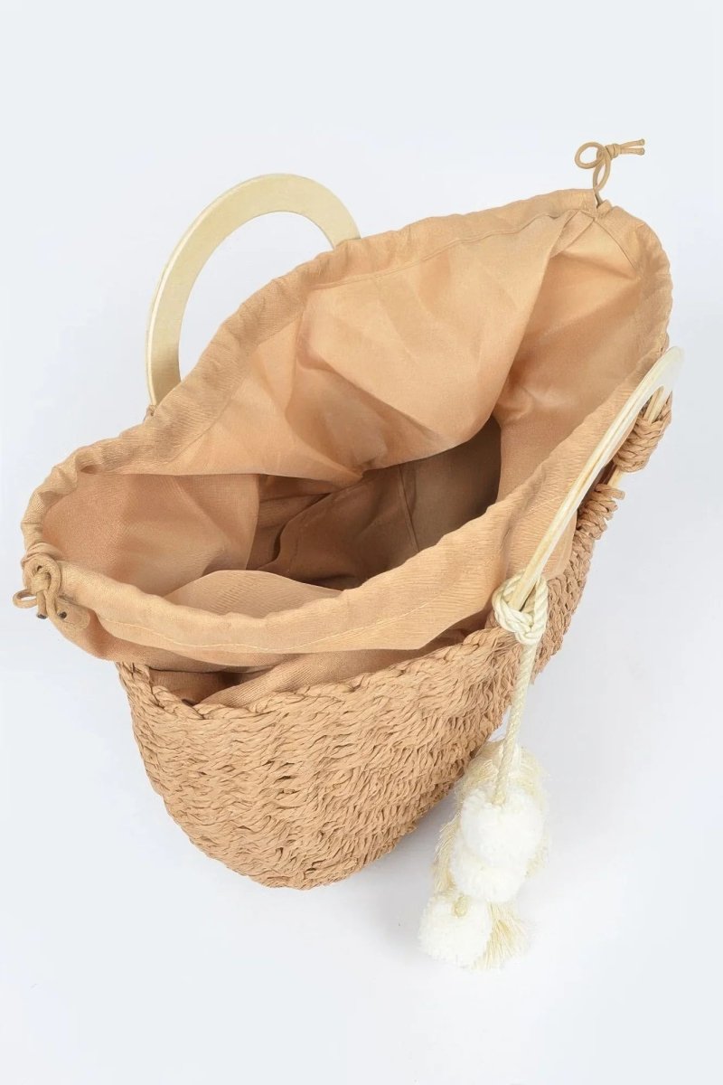 Woven Cotton Wood Handle Tote Bag - minbolu -