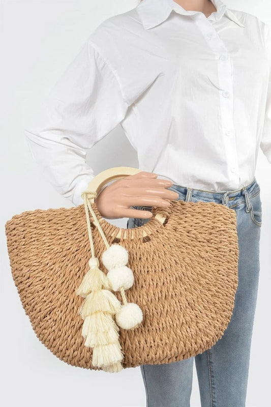 Bohemian Cotton Tote Bag - Woven Wood Handle with Tassel - minbolu -