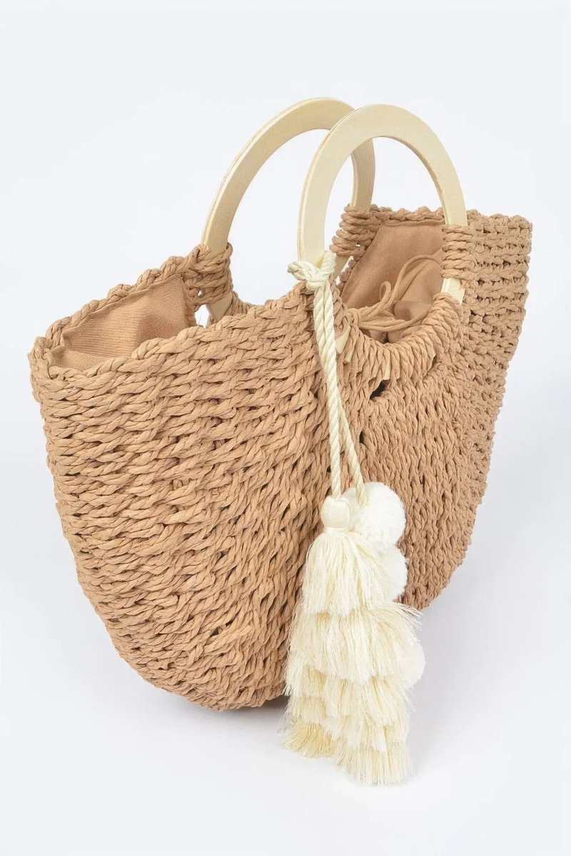 Woven Cotton Wood Handle Tote Bag - minbolu -