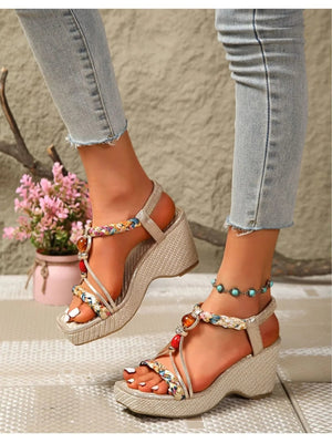 Bohemian Floral Beaded Wedge Sandals - minbolu -