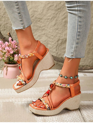 Bohemian Floral Beaded Wedge Sandals - minbolu -